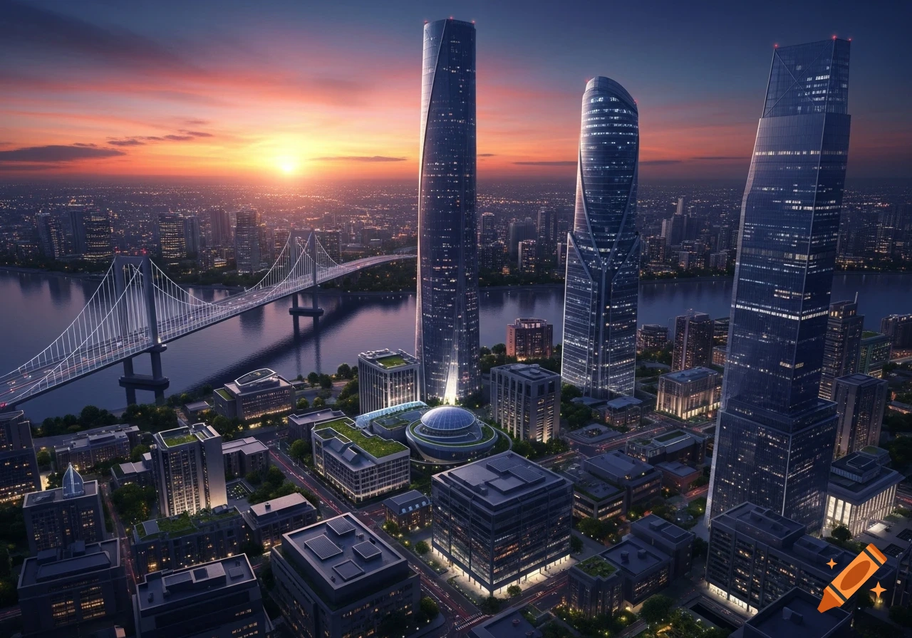 Photorealistic aerial view of a modern cityscape with skyscrapers and a ...