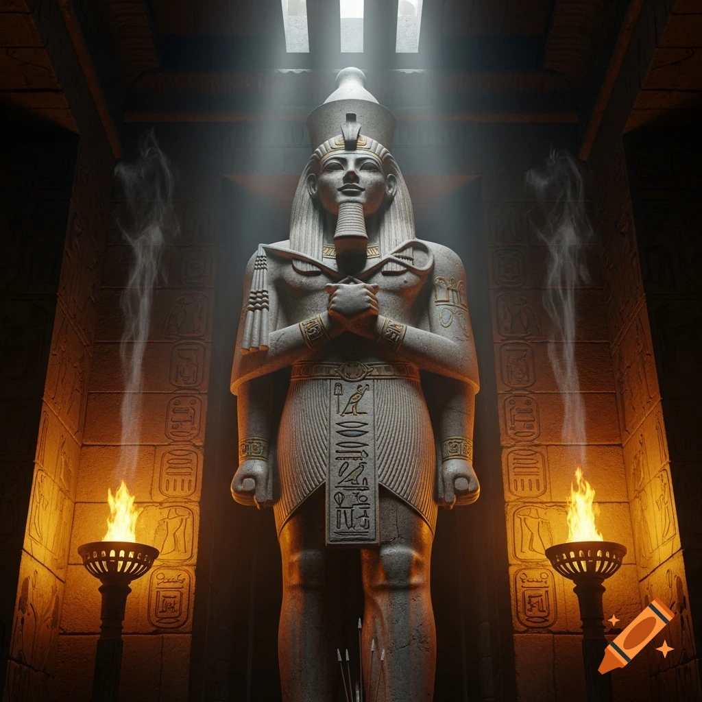 A majestic stone statue of an Egyptian pharaoh stands under a beam of light in a torch-lit tomb, adorned with hieroglyphs.