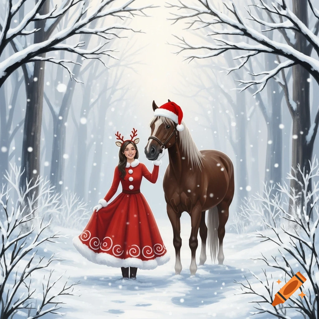 A woman in a red Santa dress and reindeer antlers stands next to a ...