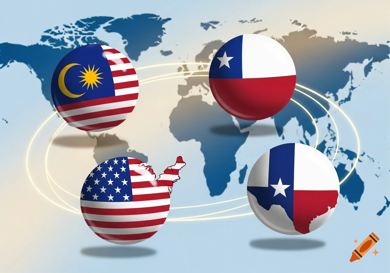 Shiny 3D flag spheres of Malaysia, Chile, USA, and Texas float above a world map background.
