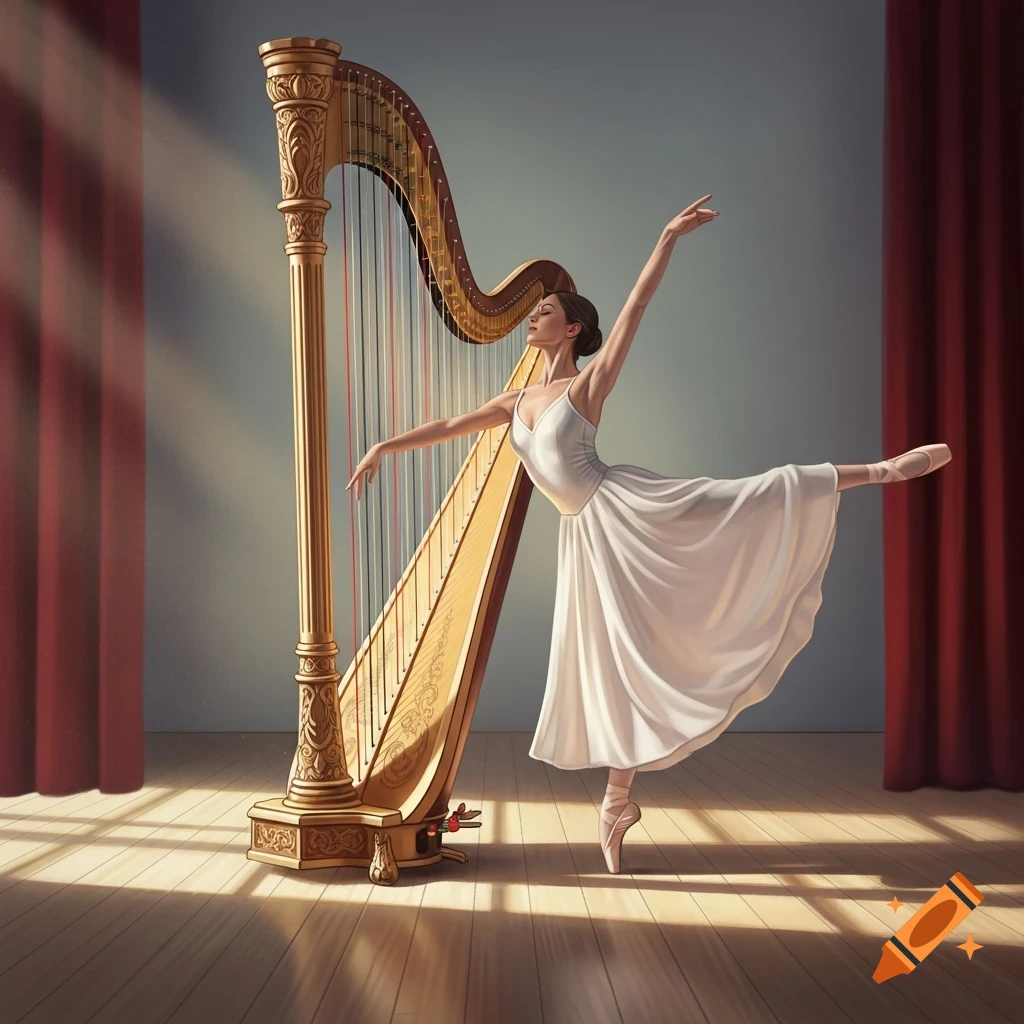 A ballerina in a white dress dances on pointe next to a large golden harp on a sunlit wooden stage, with red curtains.