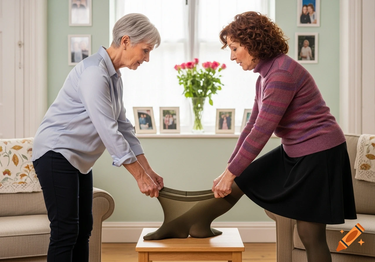 Two older women in a living room stretch a single pair of green tights between them, each trying to pull them on from opposite ends.
