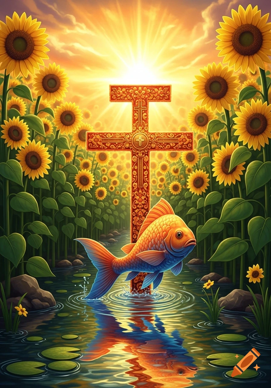 A vibrant image of an ornate Christian cross amidst tall sunflowers, with a goldfish jumping from water under a bright sun.