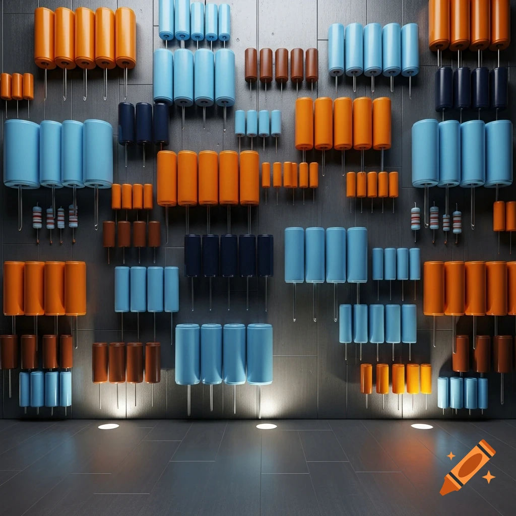 A creative wall mural featuring rows of orange, light blue, dark blue, and brown capacitors and resistors, lit by floor spotlights.
