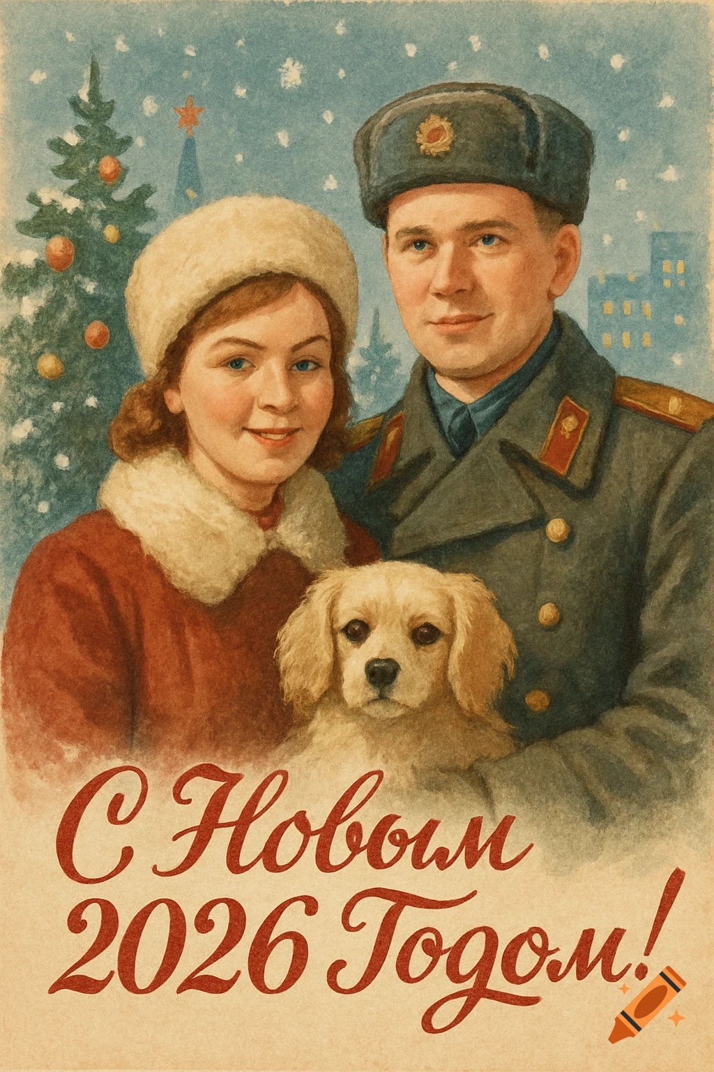 Vintage-style illustration of a man in military uniform, a woman in a fur hat, and a small dog, with Russian New Year text.