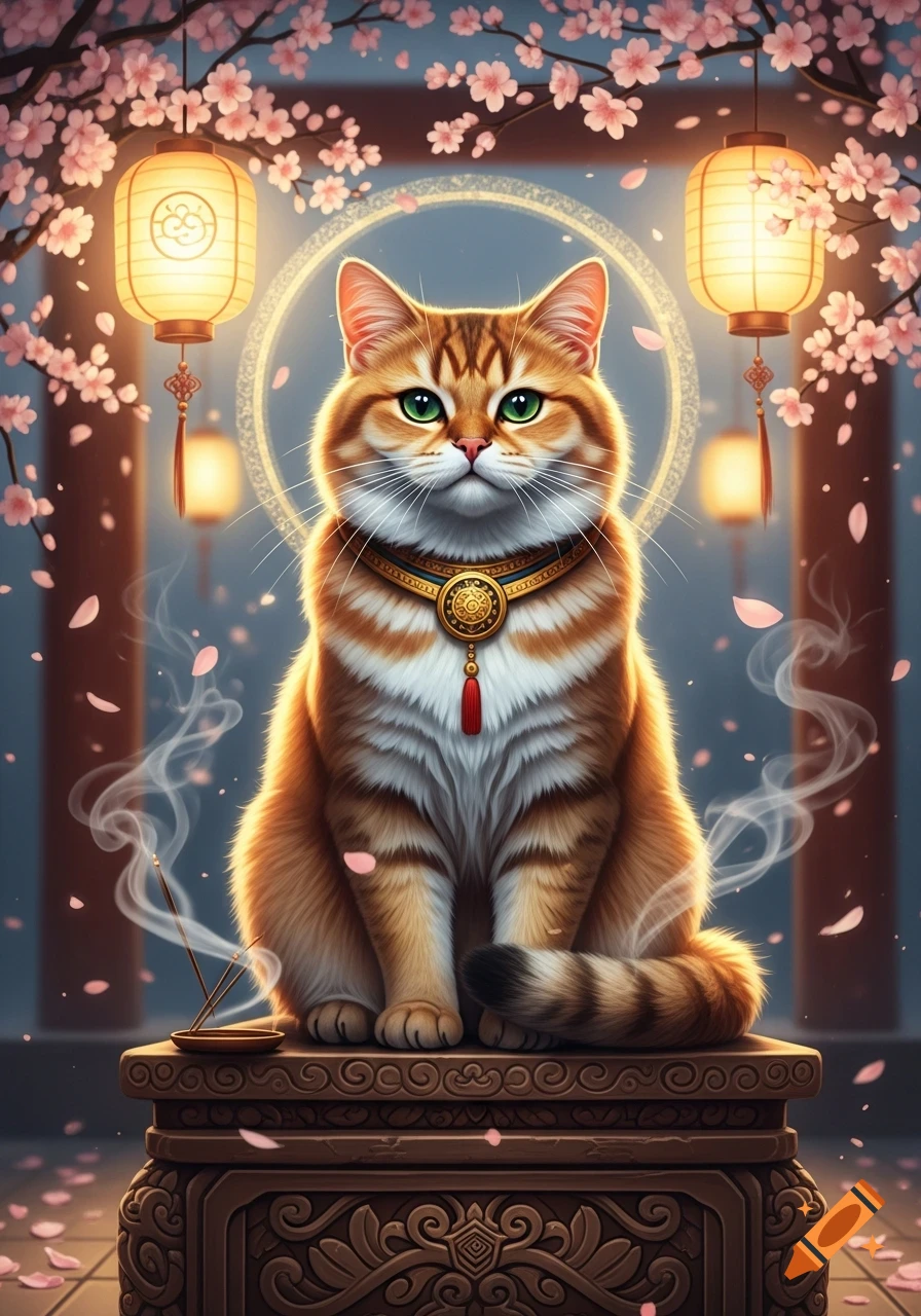 An orange and white tabby cat with green eyes sits majestically on an ...