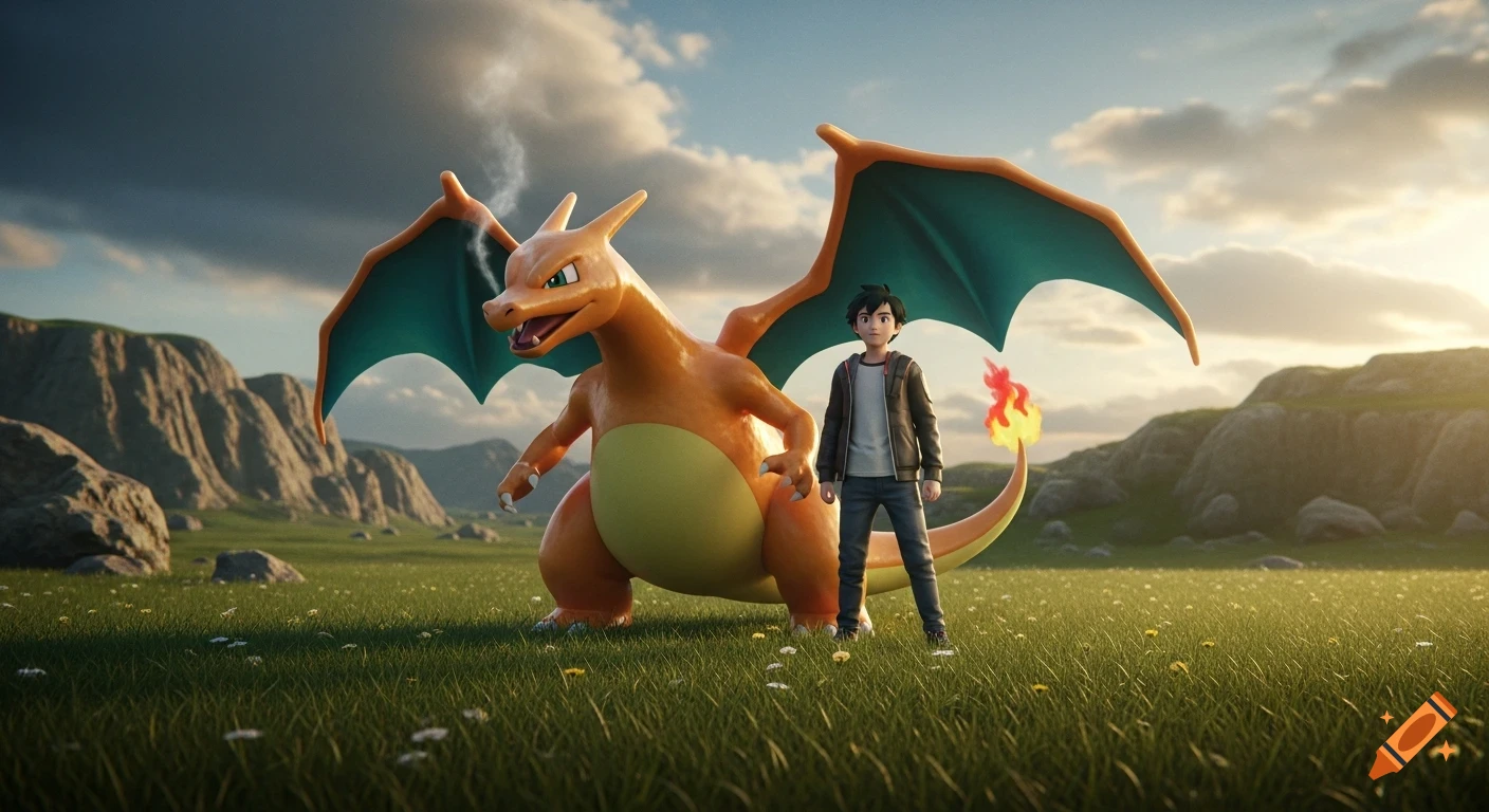 A young boy stands next to a large, powerful Charizard in a sunny, grassy field with rocky hills under a cloudy sky.