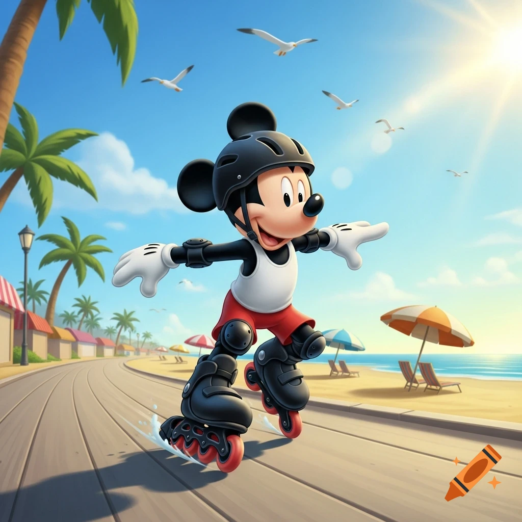 Mickey Mouse rollerblades on a sunny beach boardwalk, wearing a black helmet and protective gear, with palm trees and seagulls in the background.