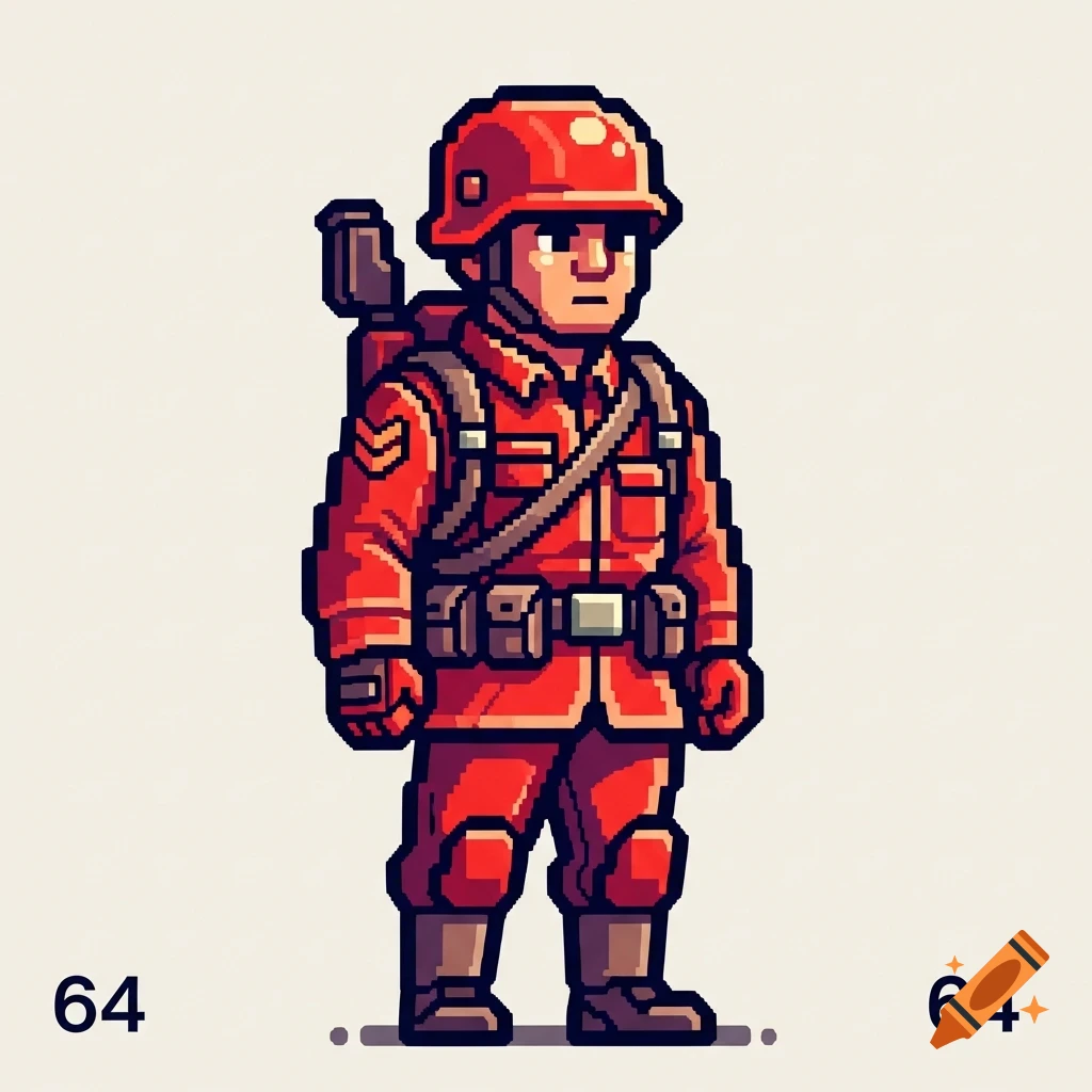 A pixel art soldier in a red uniform, helmet, and equipment, standing on a white background with '64' in the corners.