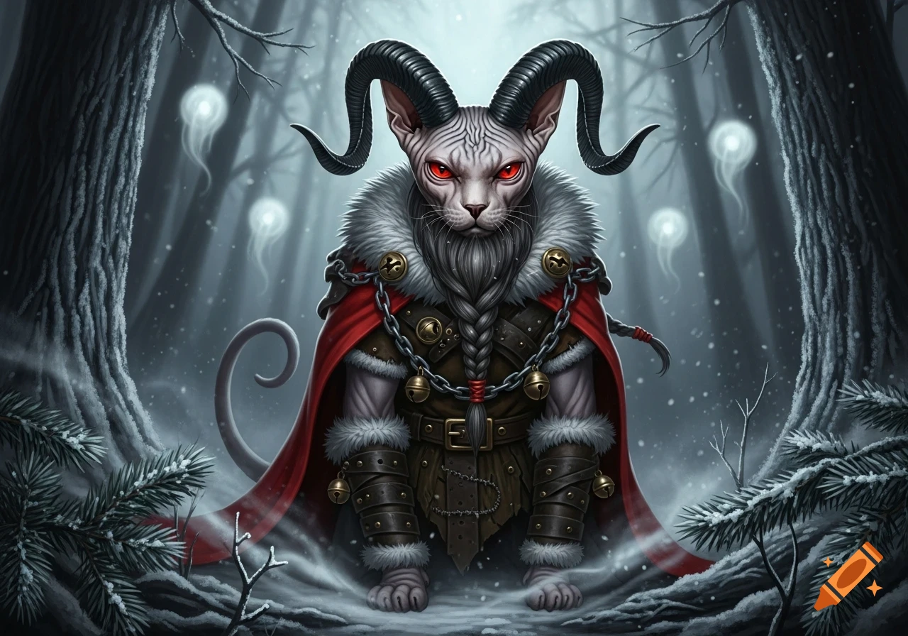 A menacing sphinx cat dressed as Krampus with horns and red eyes sits in a snowy, dark forest.