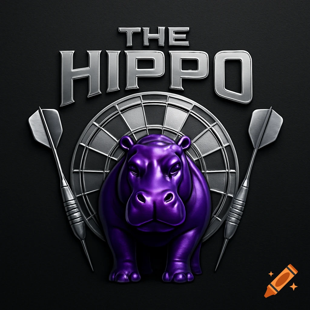 A metallic silver logo for "THE HIPPO" with a purple hippo, a dartboard, and two darts on a dark background.