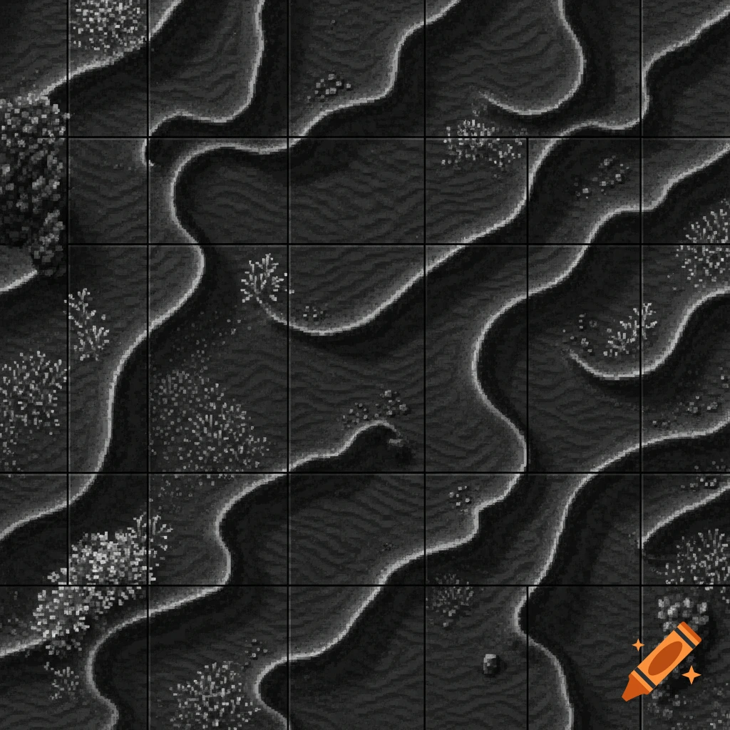 Top-down pixel art terrain of dark sand with wavy patterns and scattered light-colored vegetation, resembling a game tileset.
