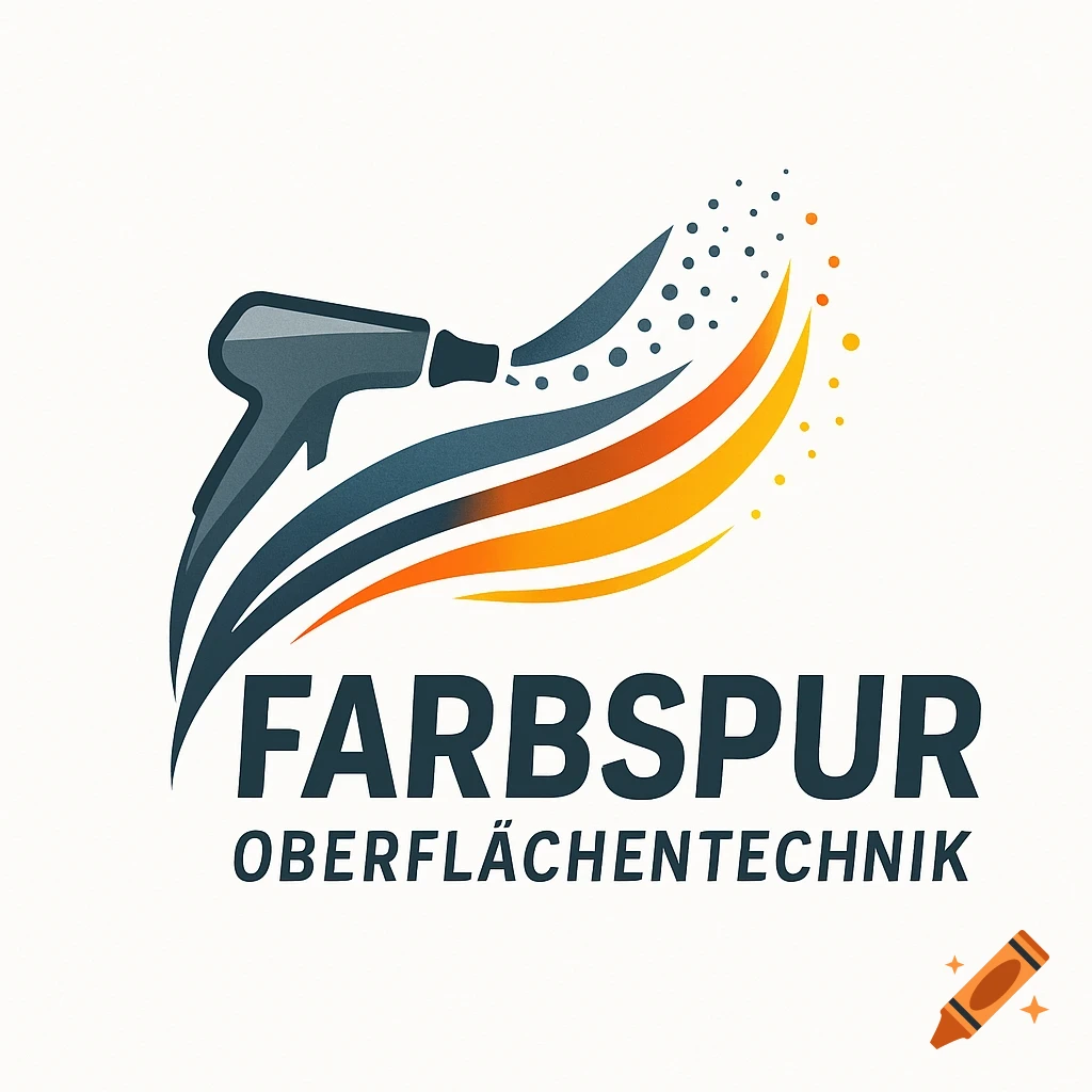 Logo for Farbspur Oberflächentechnik, featuring a spray gun with flowing abstract lines in blue, orange, and yellow.