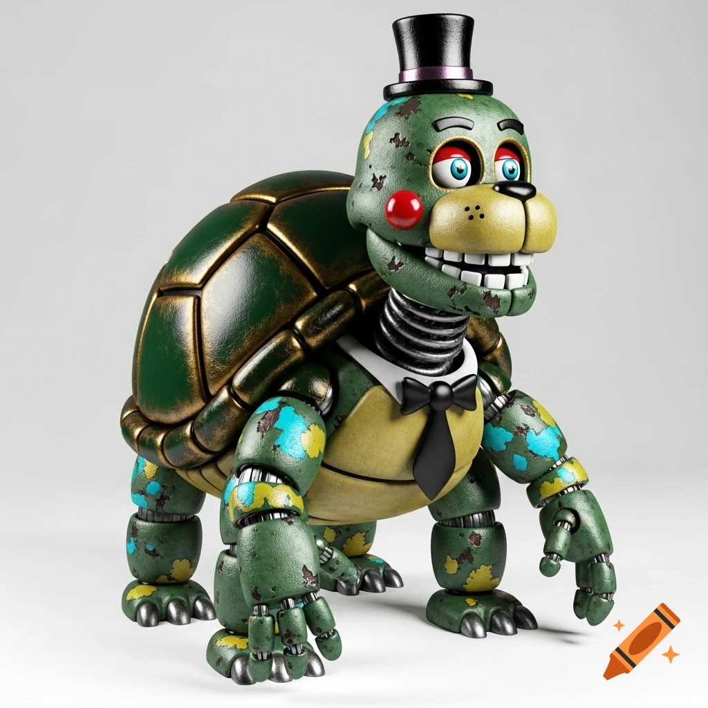 A 3D render of a green and gold animatronic tortoise in a top hat and bow tie, styled like Five Nights at Freddy's.