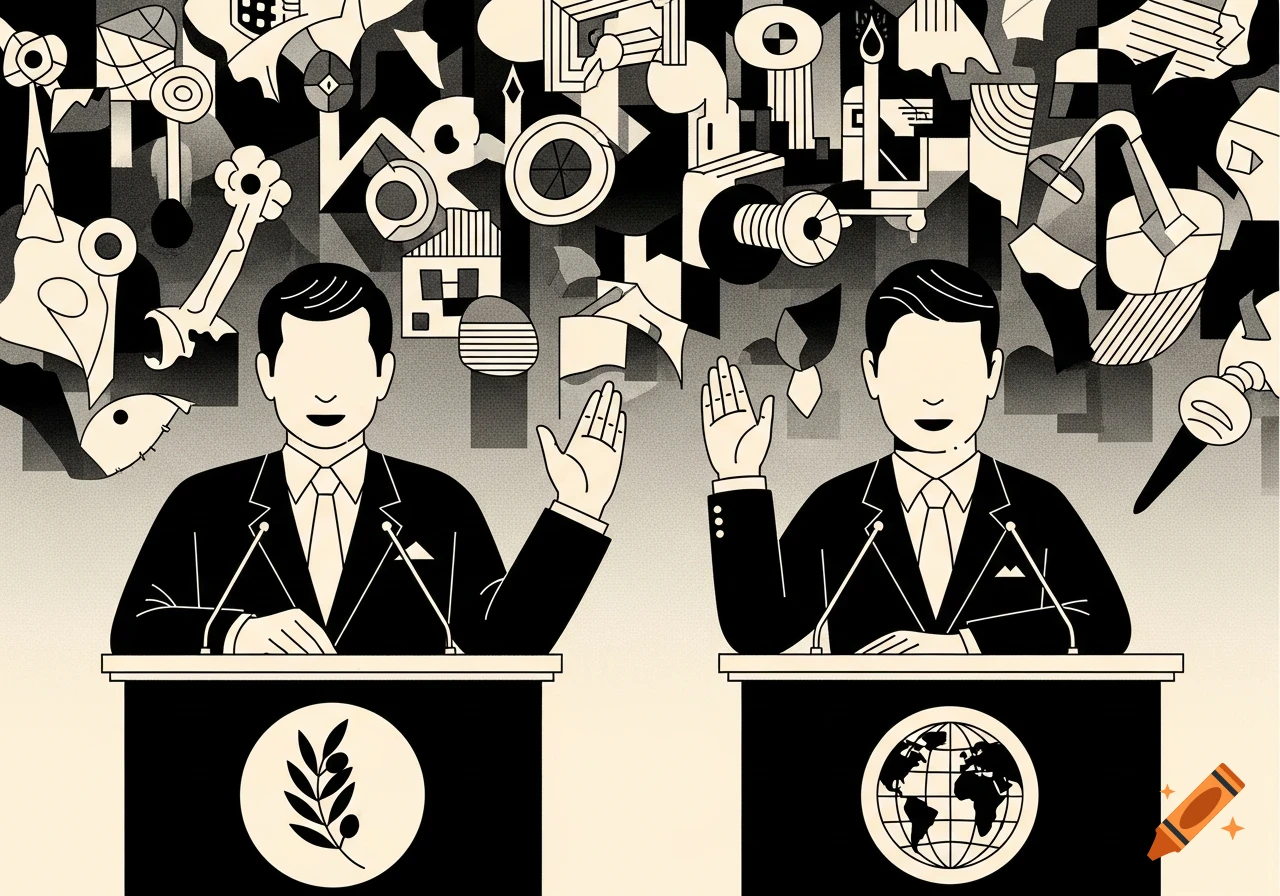 Two blank-faced men in suits behind podiums with an olive branch and a globe, raising hands in a graphic political cartoon style.