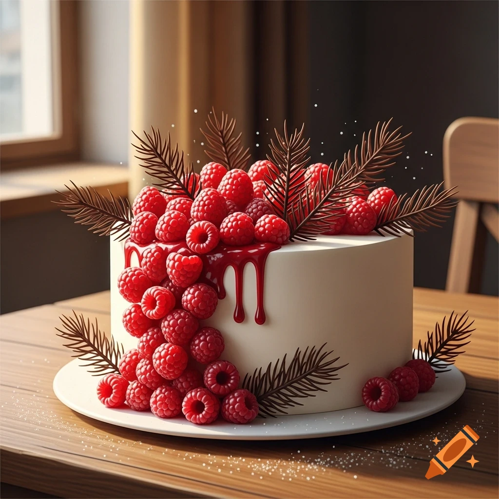 A white cake decorated with red raspberries, dripping red syrup, and brown chocolate fir branches on a wooden table.