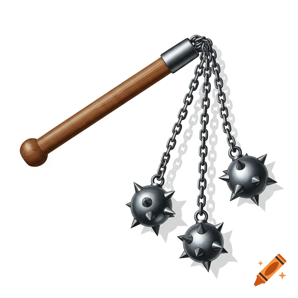A stylized medieval flail with a wooden handle, three metal chains, and three spiked metal balls, on a white background.