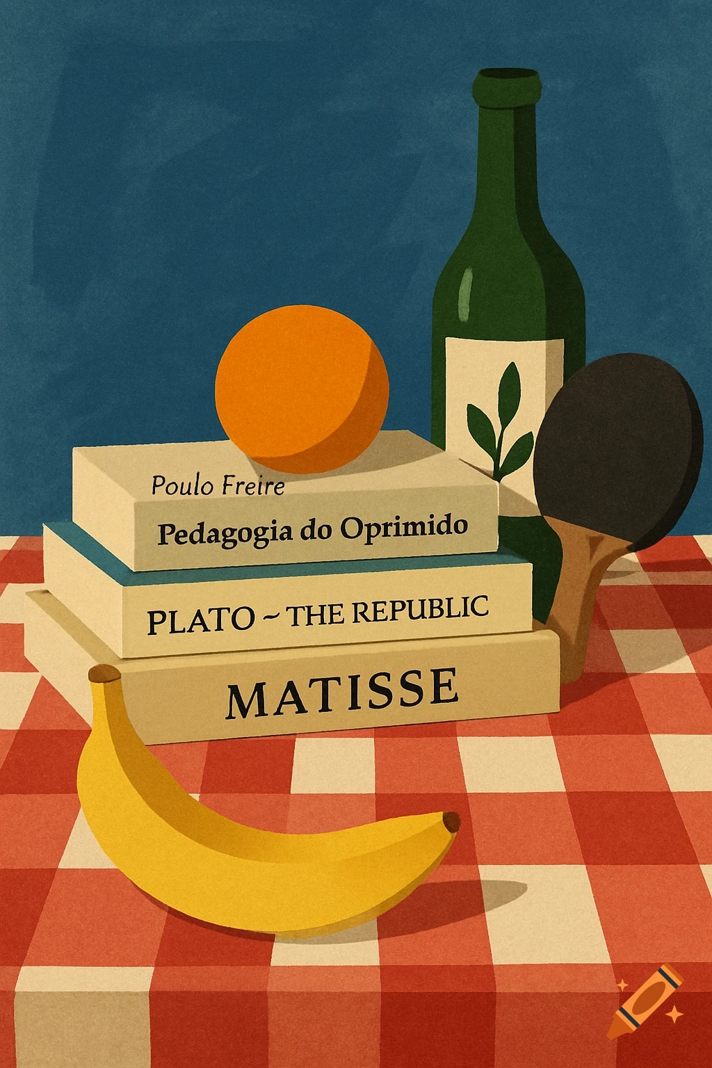 A stylized paper cut-out still life shows a stack of books, an orange, a green bottle, a table tennis paddle, and a banana on a red and white checkered tablecloth.