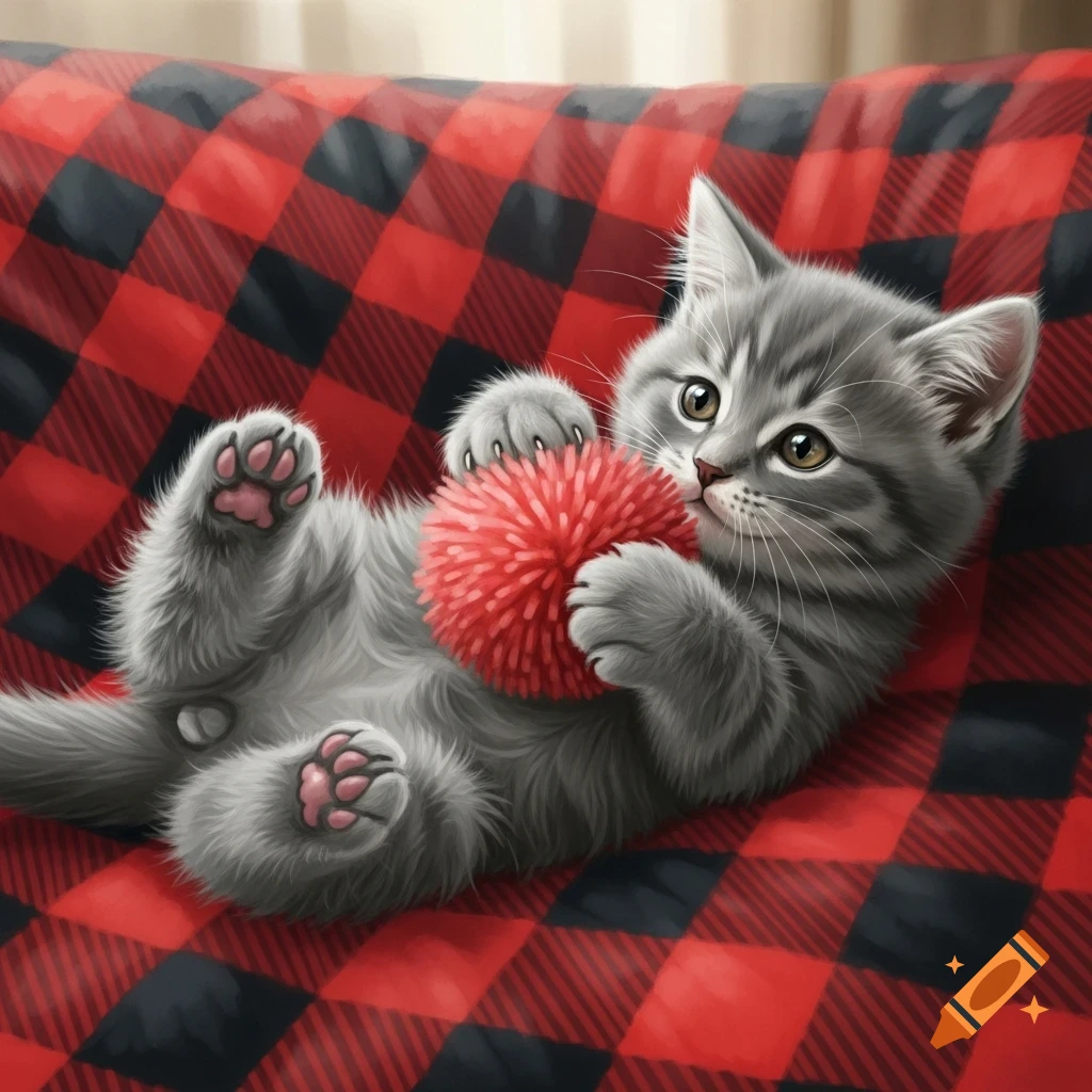 Cute gray tabby kitten playing with a red pompom on its back on a red and black plaid blanket, in an illustrative style.