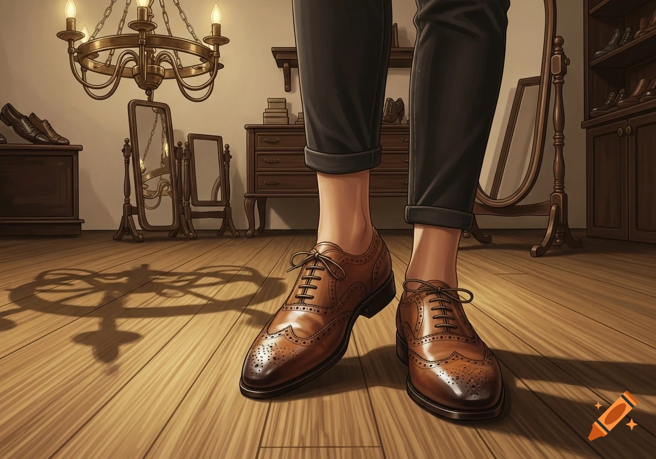 A person's feet in polished brown wingtip dress shoes stand on a wooden floor, with a chandelier and mirrors in the background.