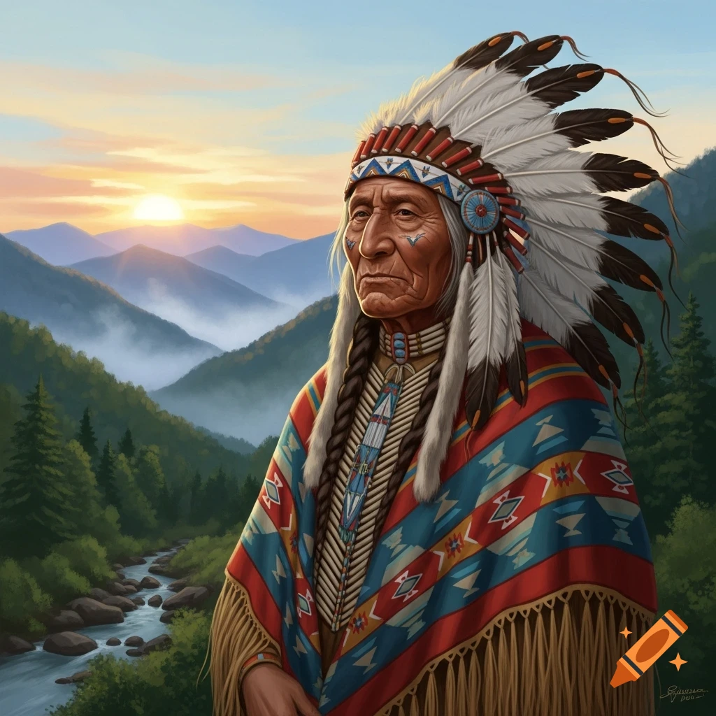 Elderly Native American man in a feathered headdress and colorful blanket, looking pensively at a mountain and river landscape at sunset.