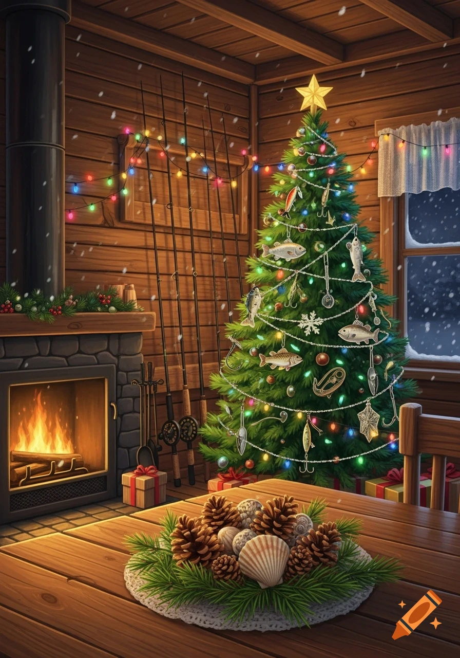 Cozy cabin interior decorated for Christmas with a fishing-themed tree, fireplace, fishing rods, and pinecone centerpiece, snow falling outside.