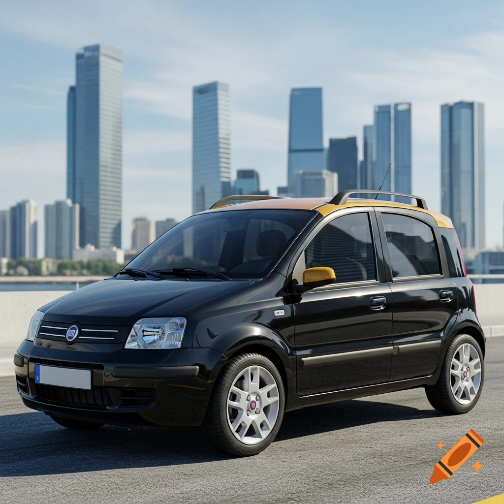 Photorealistic black Fiat Panda with an ocher yellow roof parked on a road, with a modern city skyline in the background.