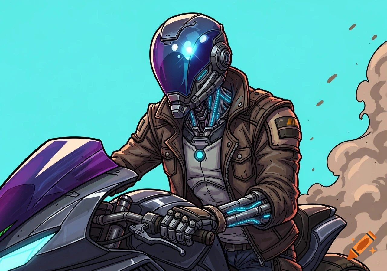 A futuristic half-robot motorcyclist with a blue helmet and brown leather jacket rides a motorcycle, in a comic art style.
