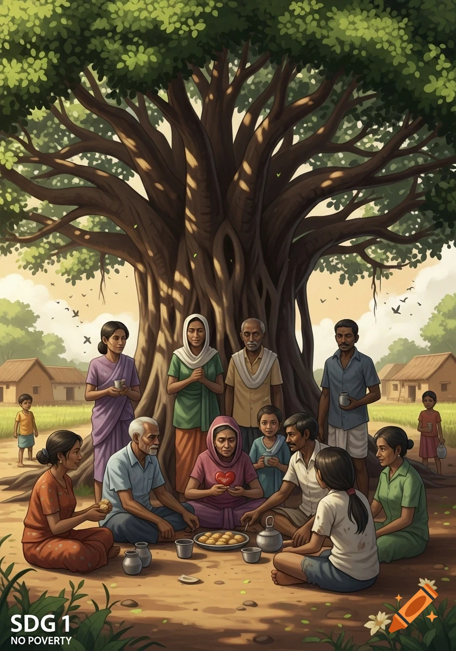 An illustration of a group of people, adults and children, gathered under a large tree in a rural village, with "SDG 1 NO POVERTY" text.