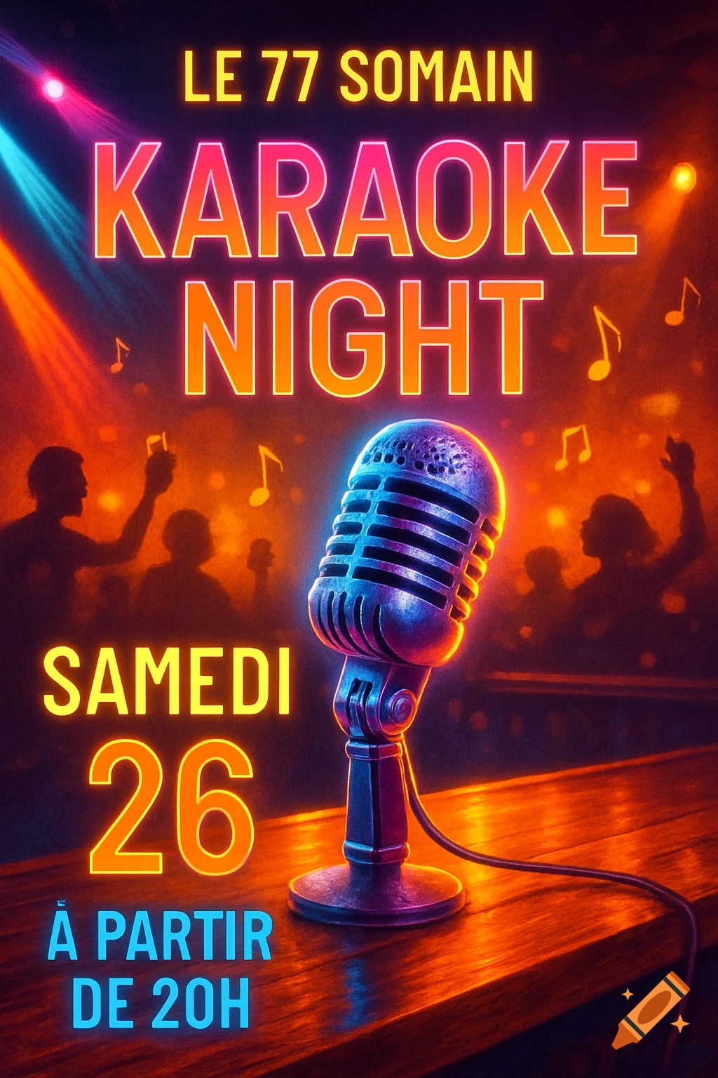 A vibrant poster for a Karaoke Night event, featuring a vintage microphone on a wooden table, colorful stage lights, and silhouetted crowd.