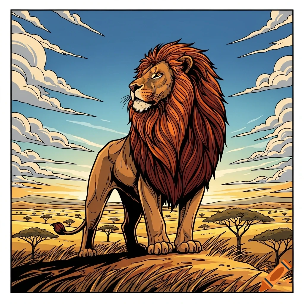 A majestic comic-style lion with a fiery mane stands on a grassy hill in an African savanna under a vibrant blue sky.