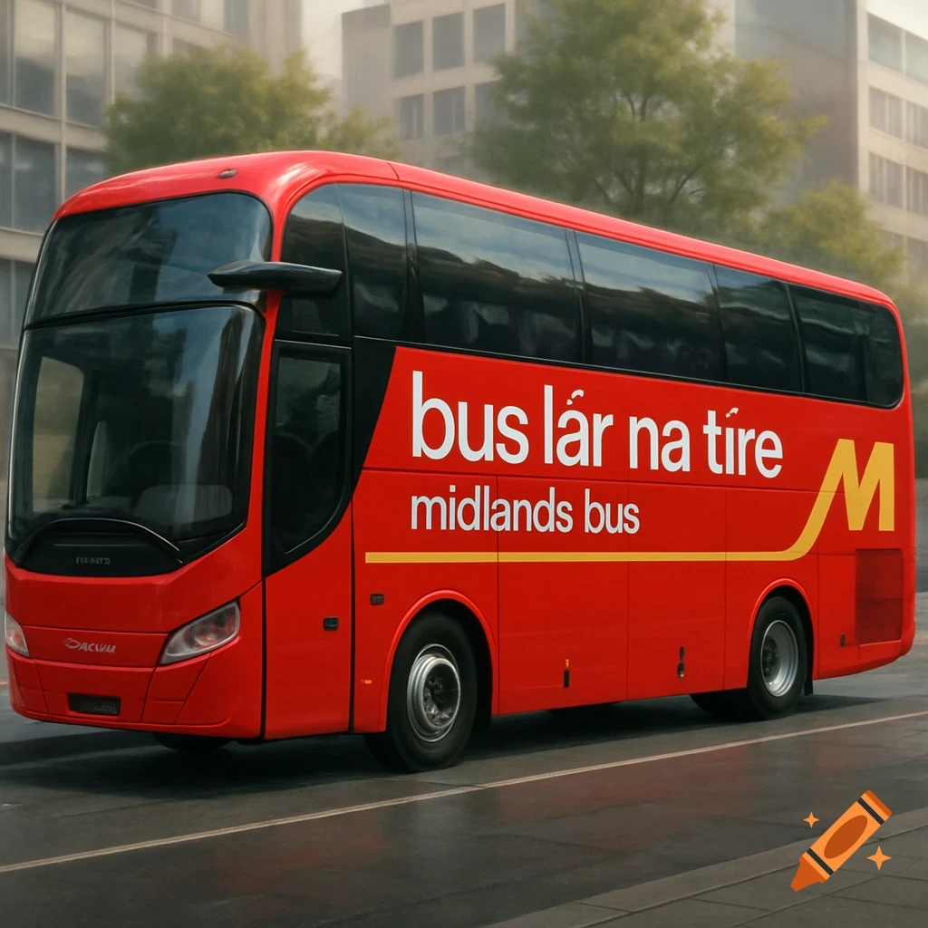 A realistic red coach with black tinted windows is parked on a city street, featuring white "bus lár na tíre midlands bus" text and a large yellow 'M' logo on its side. Urban buildings and trees are in the background.