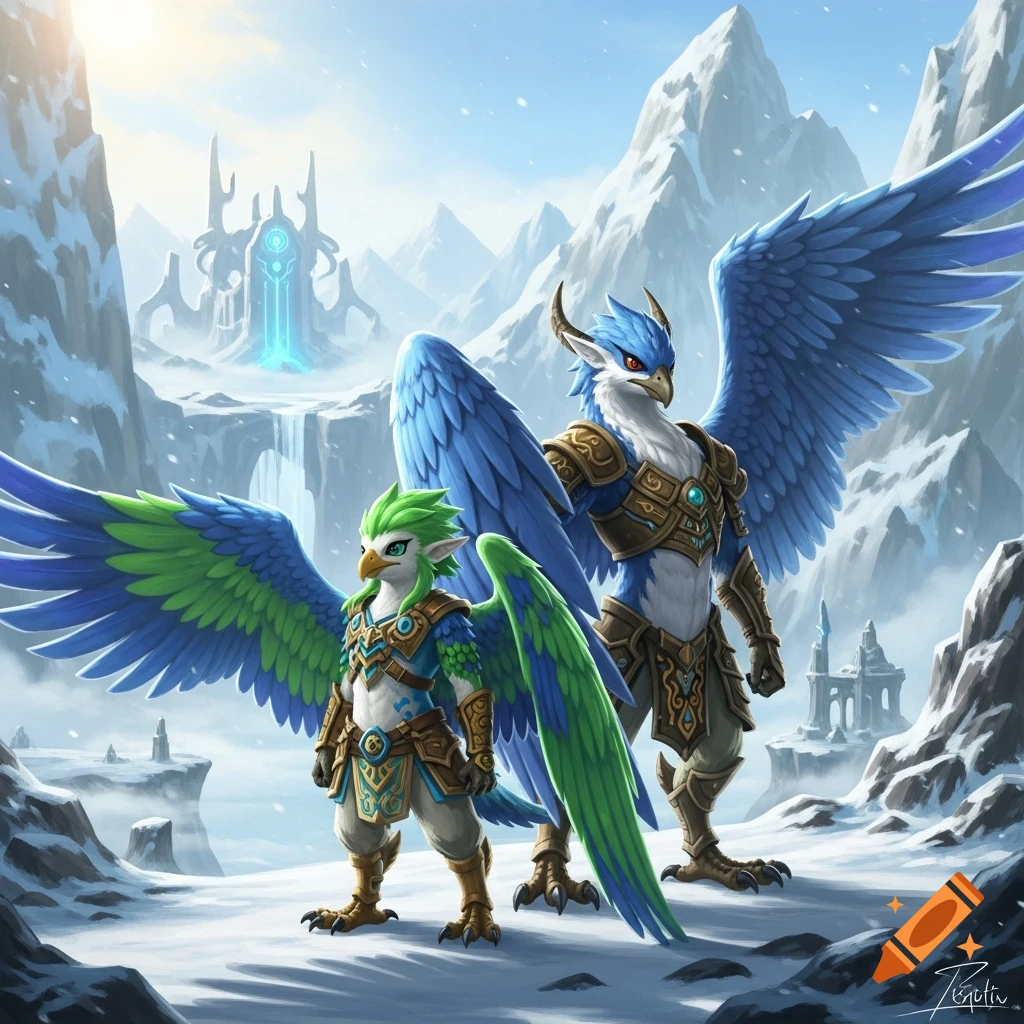 Two anthropomorphic bird warriors, one green and one blue, stand in a snowy mountain pass with ancient ruins.
