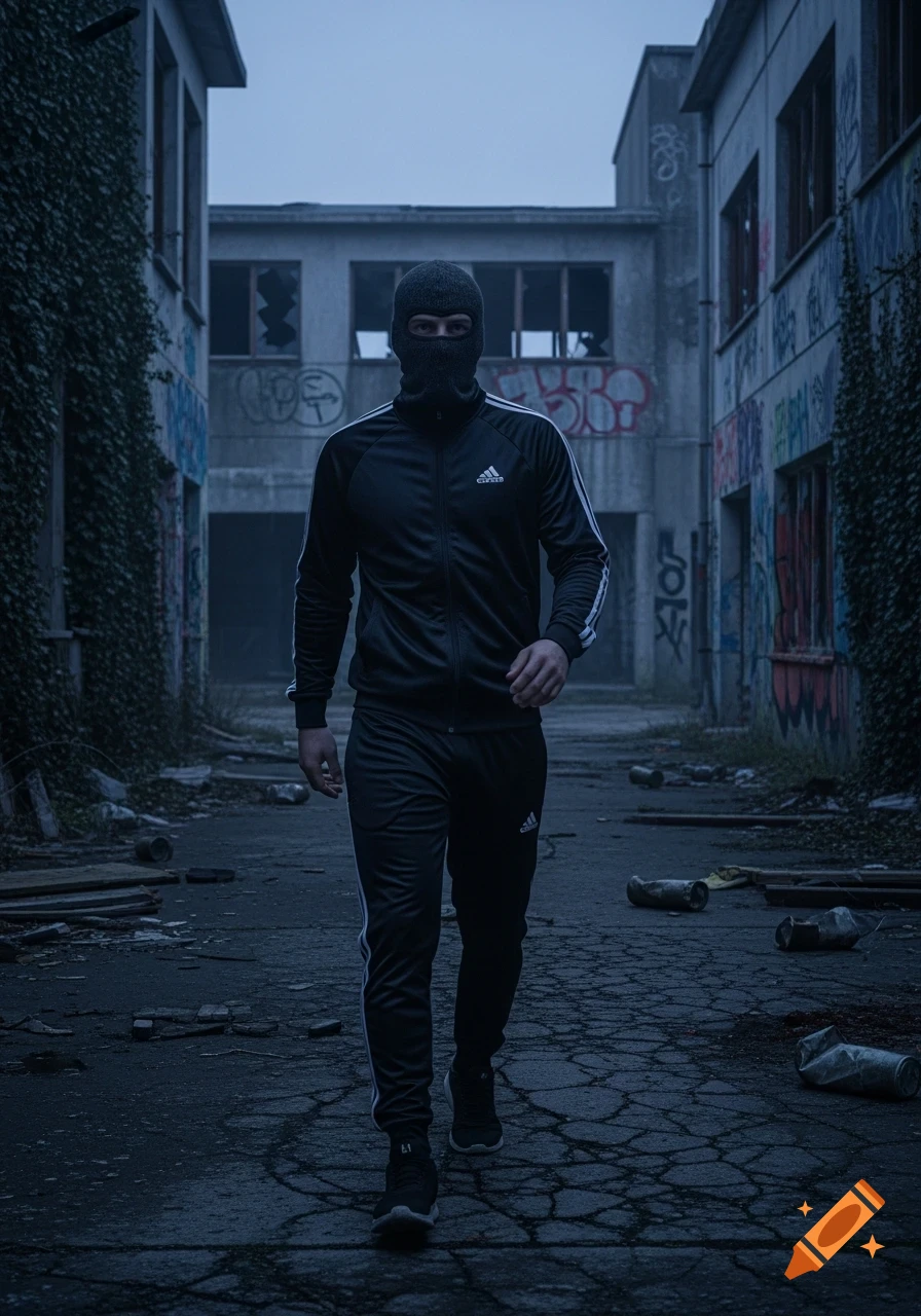A person in a black tracksuit and balaclava walks through a gloomy, abandoned urban street with graffiti-covered buildings.