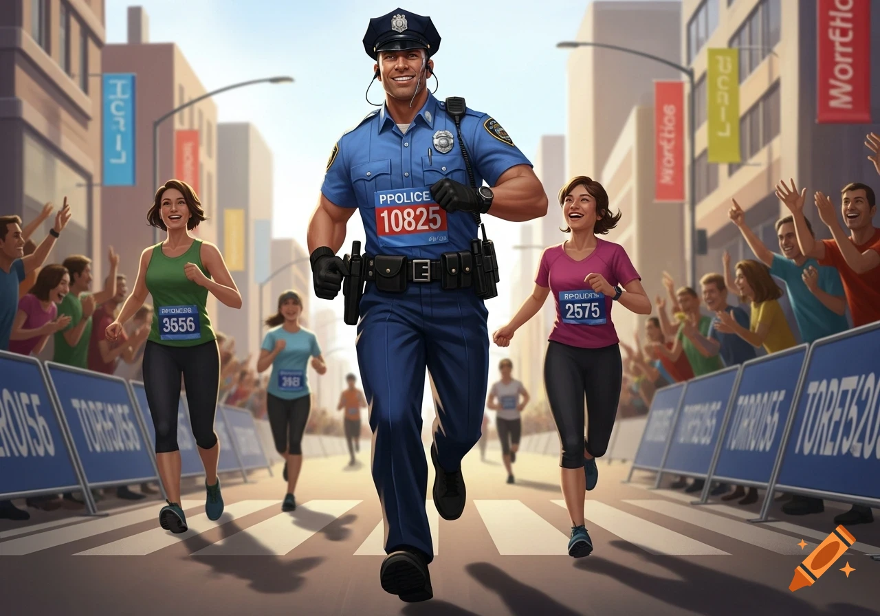 A smiling police officer in uniform runs a marathon, with other runners and cheering spectators in a city setting. The officer wears bib 10825, and other runners wear bibs 3556 and 2575.