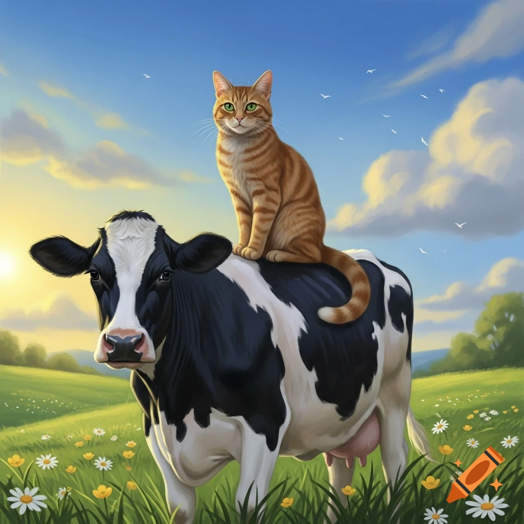 An orange tabby cat sits on the back of a black and white cow in a sunny green field with flowers under a blue sky.