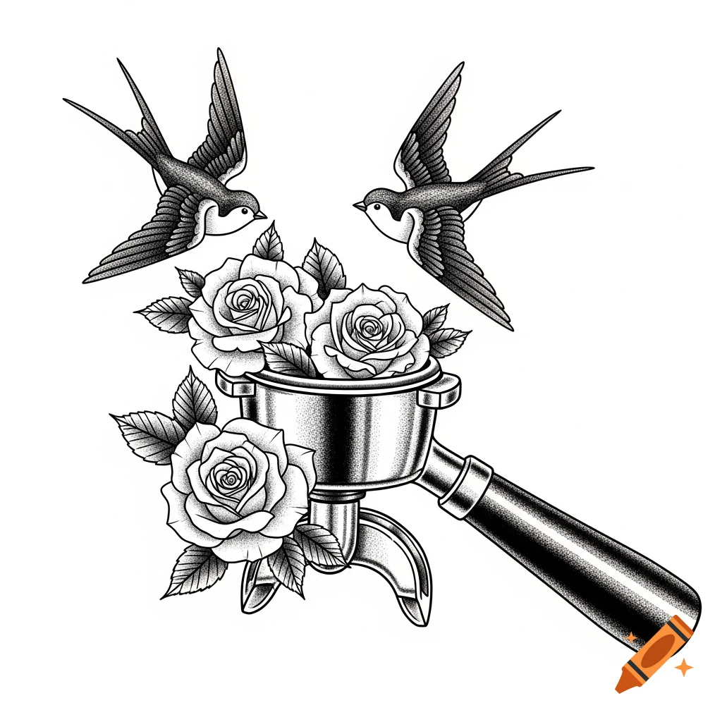 Black and white tattoo-style illustration of a coffee portafilter with roses and two flying swallows.