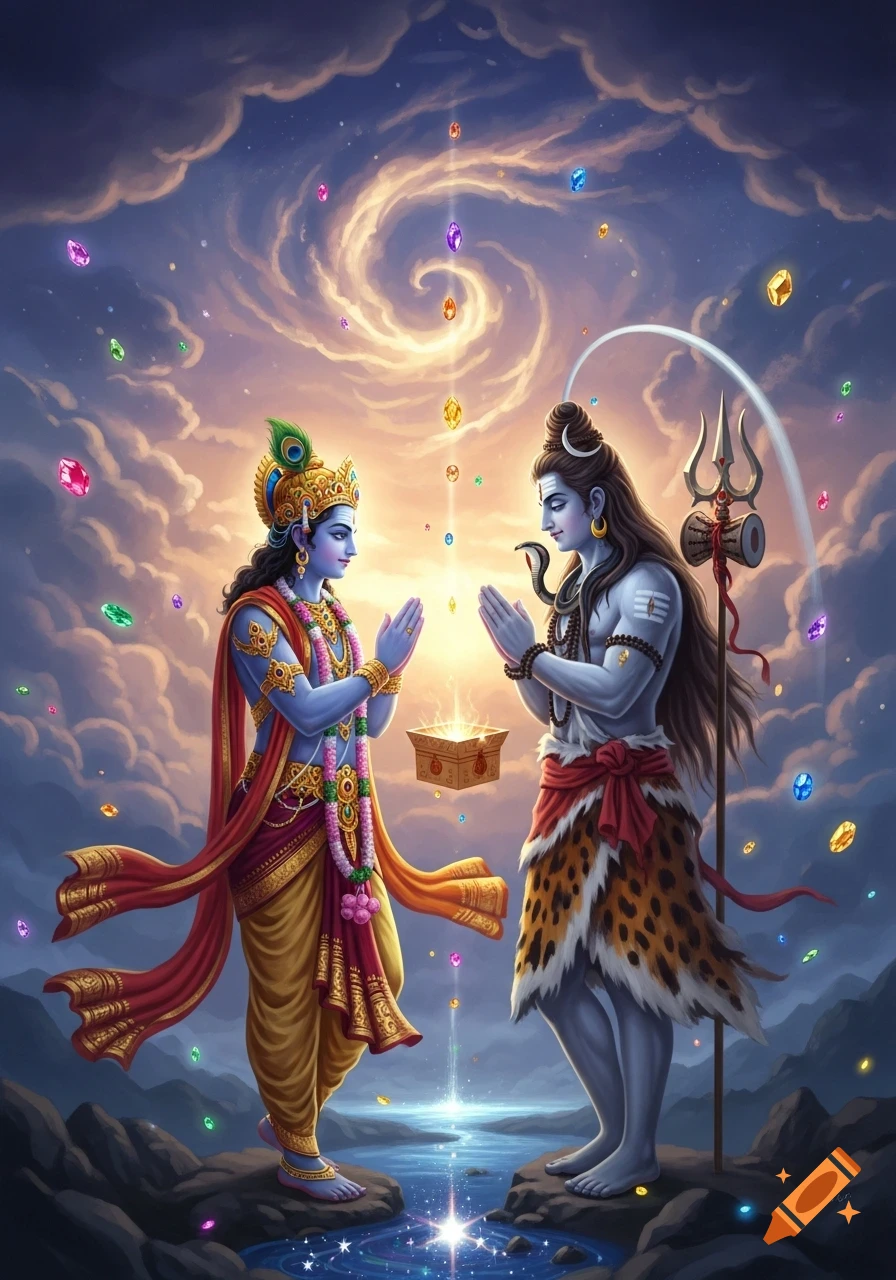 Vibrant illustration of blue-skinned Krishna and Shiva greeting each other over a glowing box, surrounded by floating gems under a swirling sky.