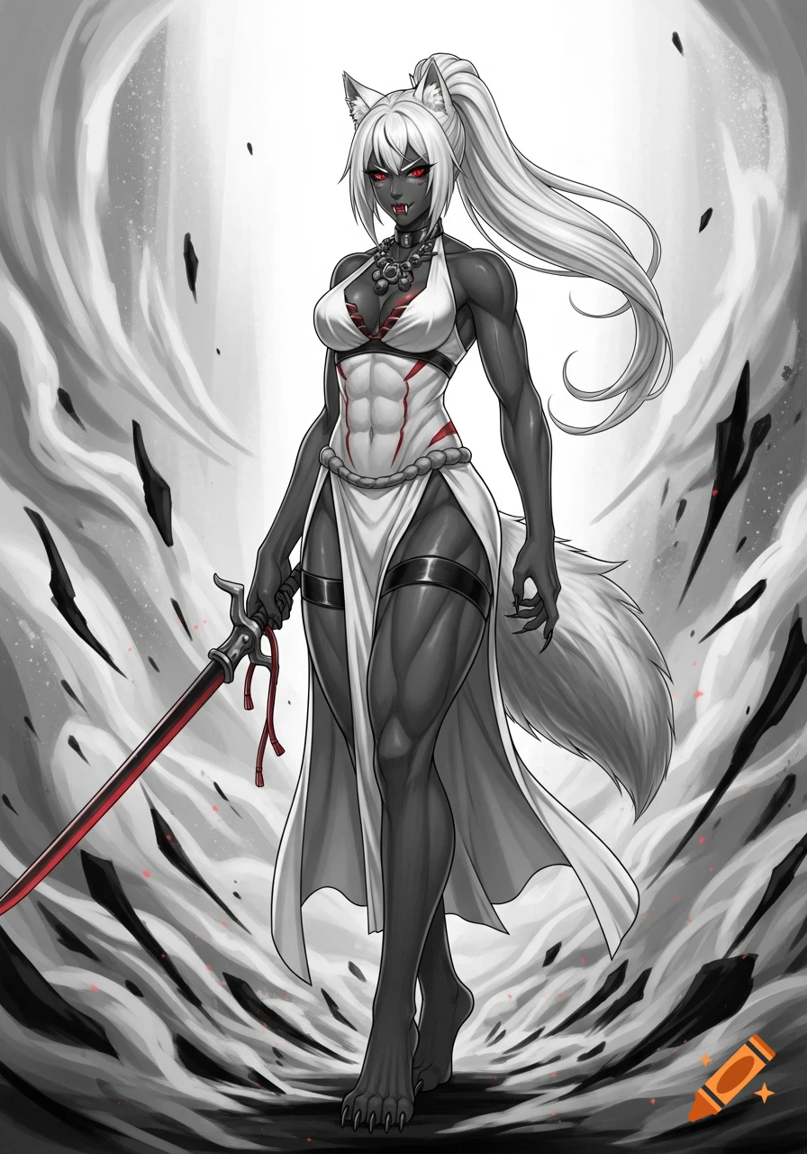 A muscular dark-skinned wolf-girl warrior with white hair, red eyes, and sharp teeth, stands holding a sword in an anime illustration.