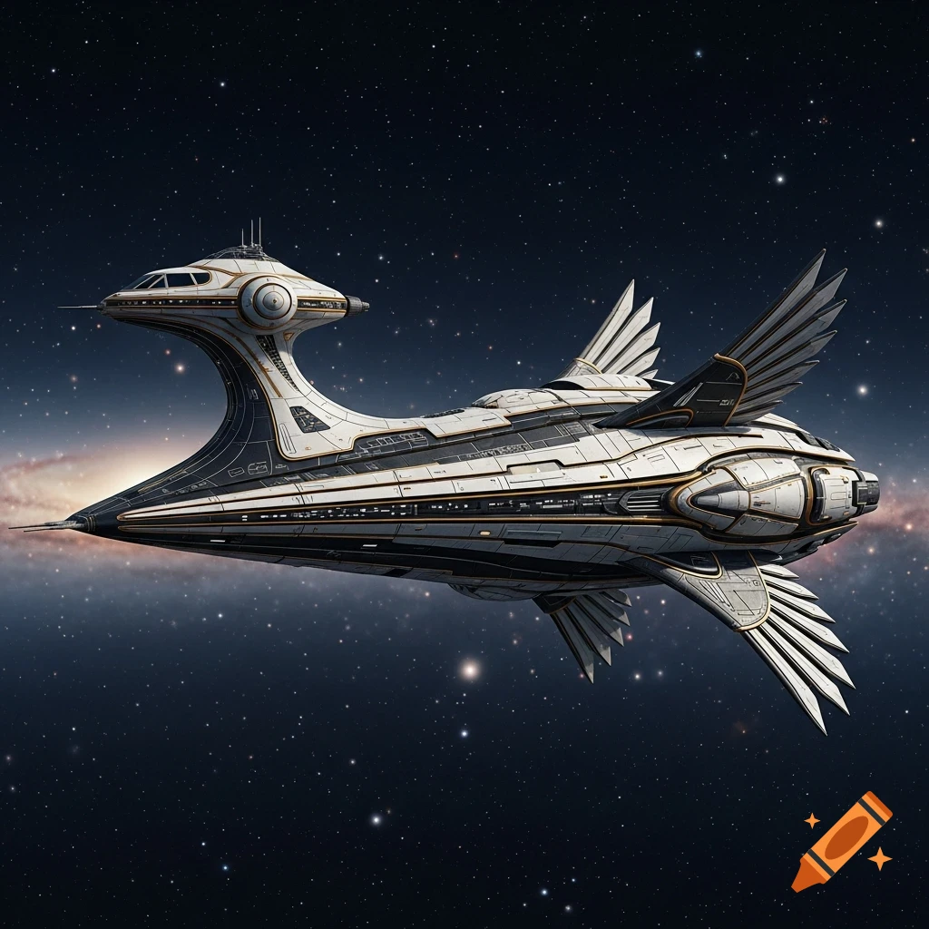 A sleek, black, white, and gold futuristic spaceship with an elongated neck and feathered wings, flying through starry space.