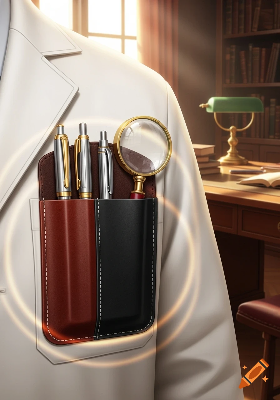 Close-up of a white lab coat with a brown and black pocket protector holding three pens and a magnifying glass. Photorealistic illustration.