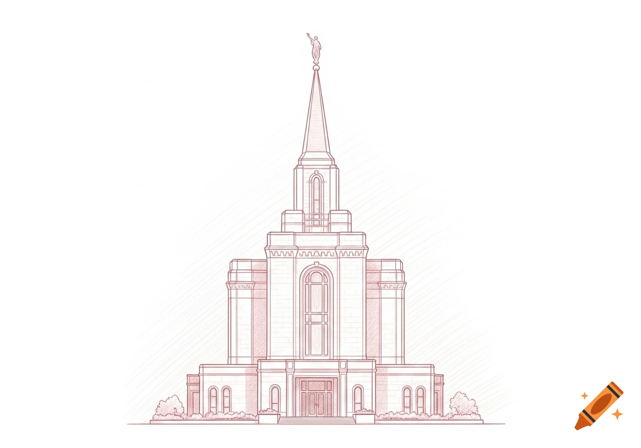 Pink pencil drawing of a religious temple with a tall spire topped by a statue, and shrubbery at its base.