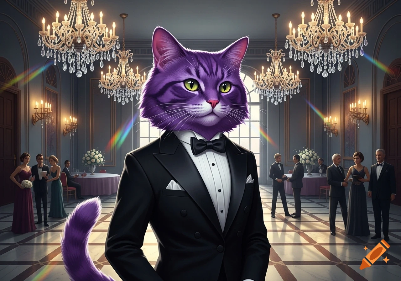 A purple cat in a tuxedo stands in a grand ballroom with crystal chandeliers and formally dressed people.