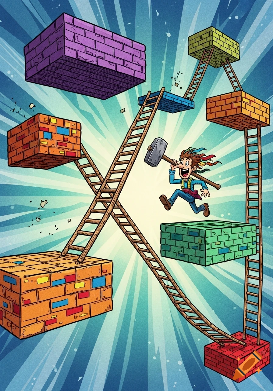 A vibrant comic book style illustration of a cartoon man with colorful hair and a hammer running between brick platforms connected by ladders.
