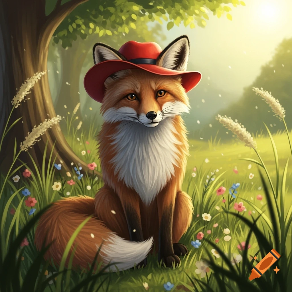 A cute, fluffy fox wearing a red hat sits in a sunny forest clearing surrounded by green grass and colorful wildflowers.