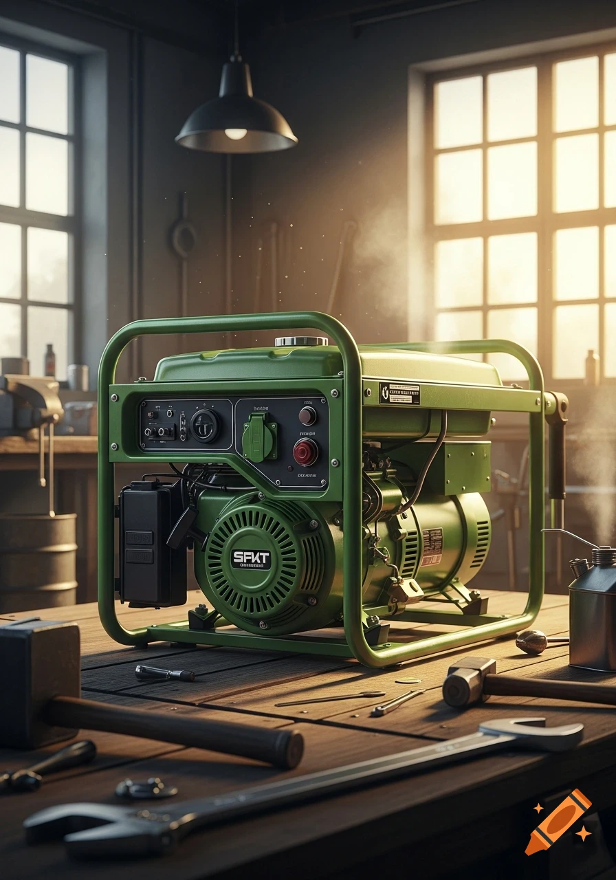 A green gas-powered generator sits on a wooden workbench in a sunny workshop, surrounded by tools like a hammer and wrench.