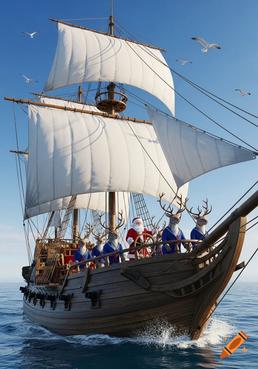 Santa Claus captains a sailing ship with reindeer sailors on the open ocean under a clear blue sky, photorealistic.