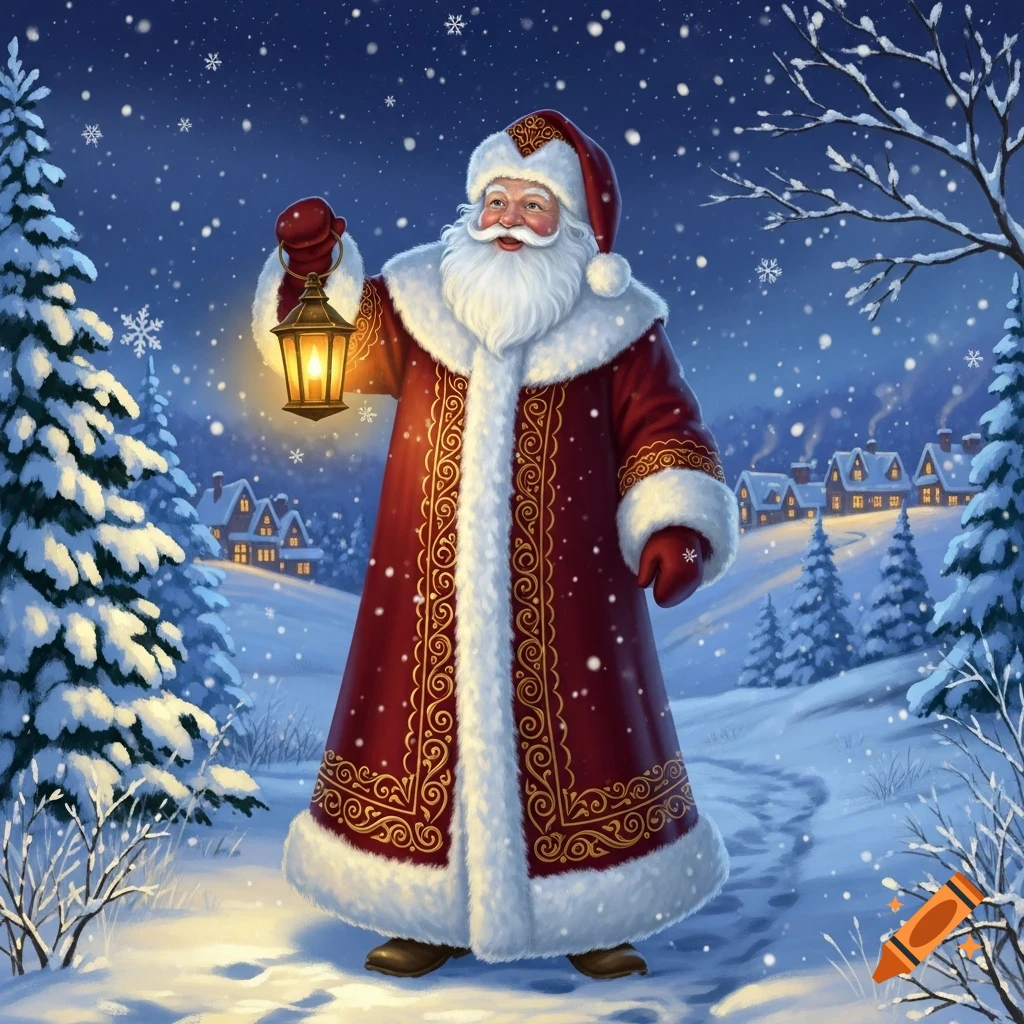 Jolly Santa Claus in a red coat and white fur trim holds a lantern, walking in a snowy village at night under falling snowflakes. Illustrated.