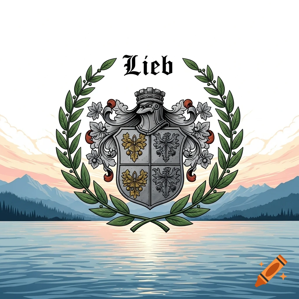 A family crest with a crowned shield, laurel wreath, and "Lieb" text, over a serene lake and mountains at sunset, in an illustrative style.