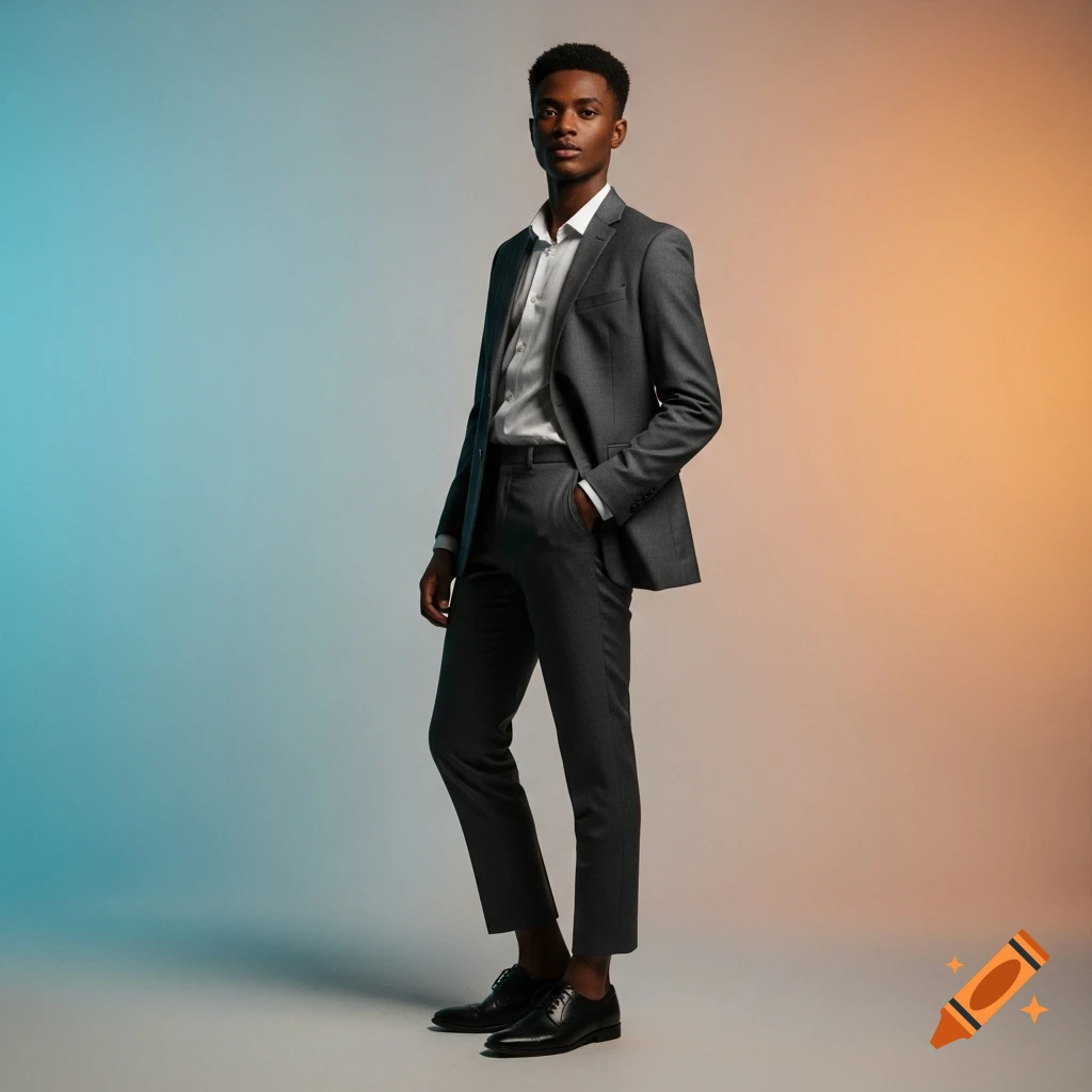 A young Black man in a dark grey suit and white shirt stands against a blue and orange gradient background, looking at the camera.